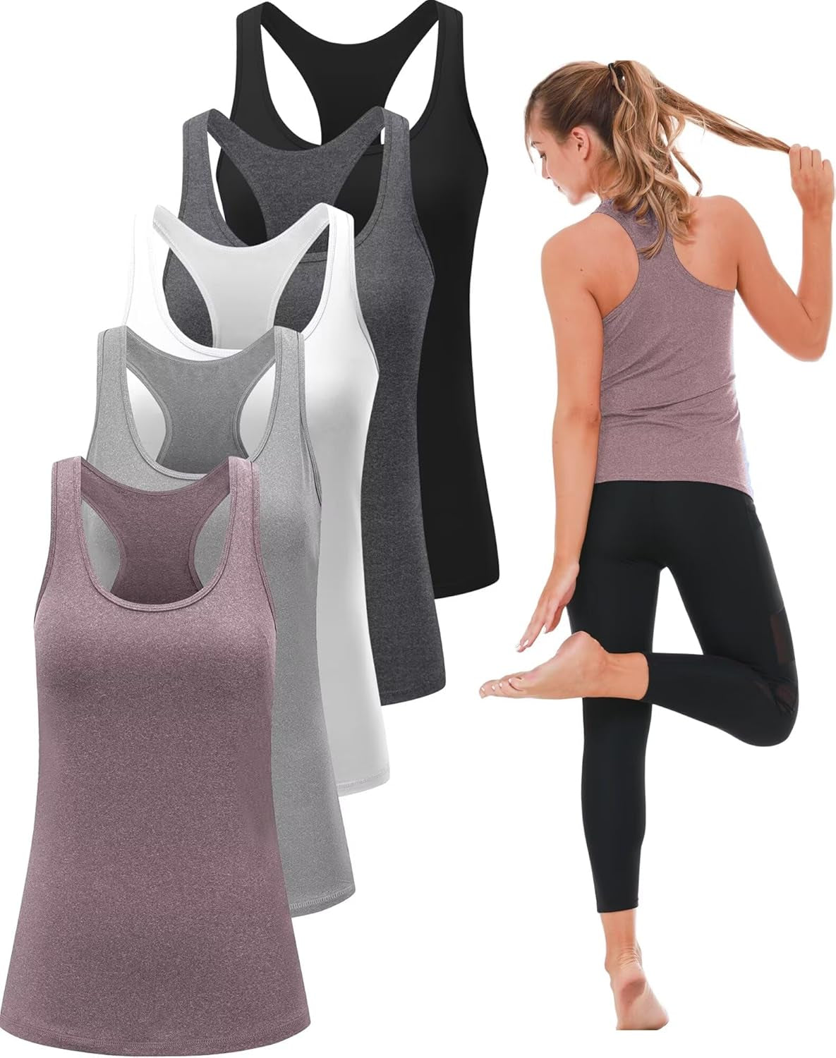 6 or 5 Pack Workout Tank Tops for Women, Athletic Racerback Sports Tank Tops, Compression Sleeveless Dry Fit Shirts